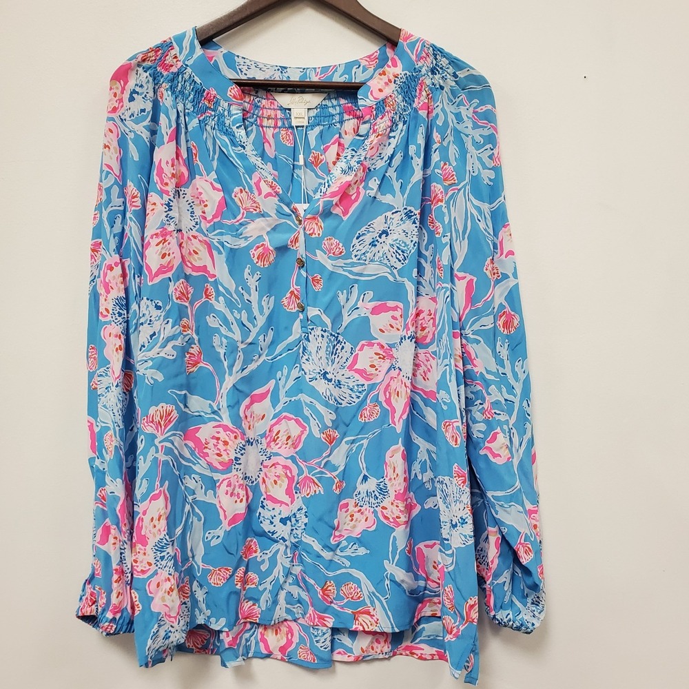 Lilly Pulitzer Bahamian Rhapsody Elsa Silk Top XXL Blue Floral Blouse 000657